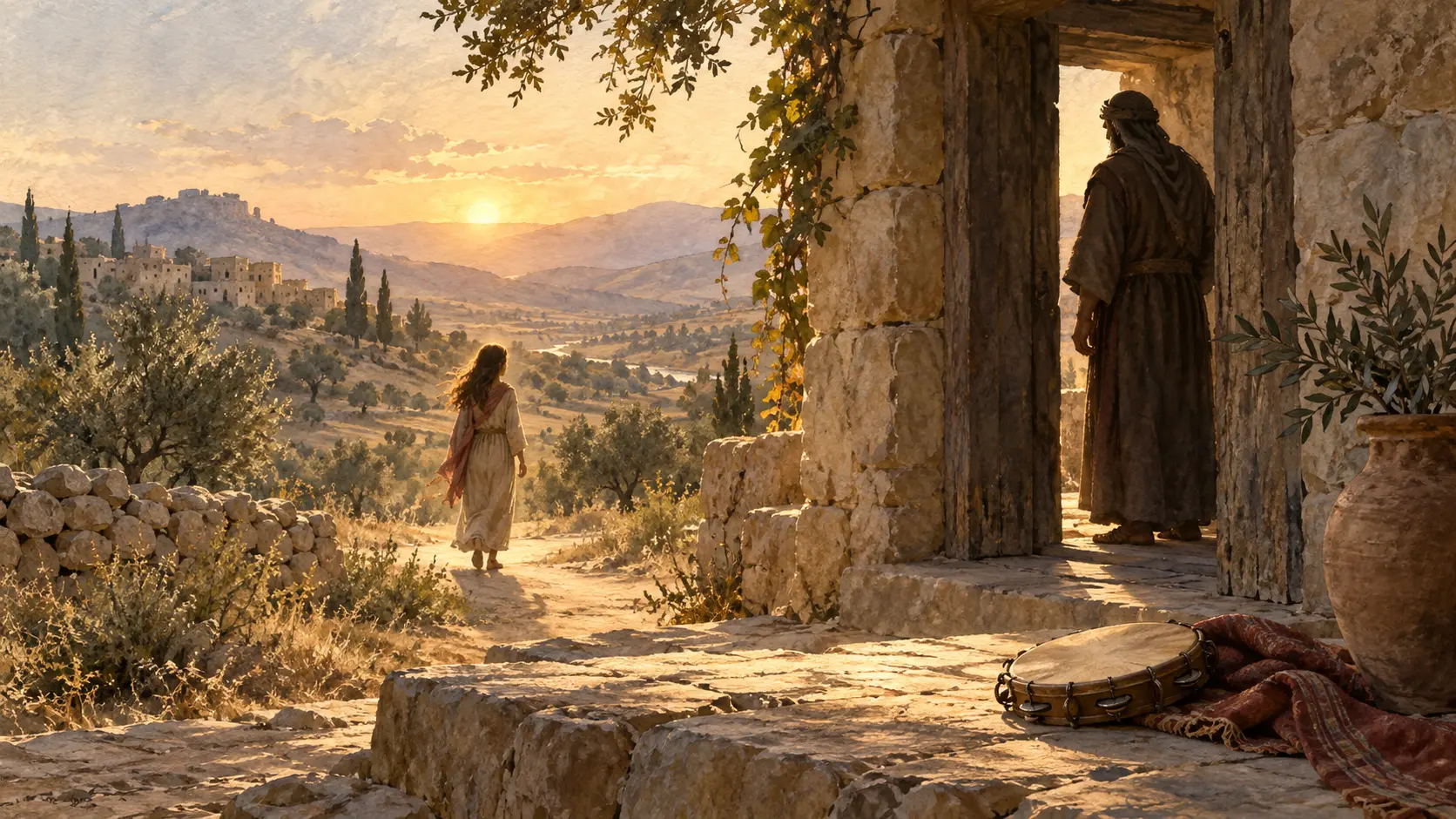 Noa approaches the house where Jephthah waits.